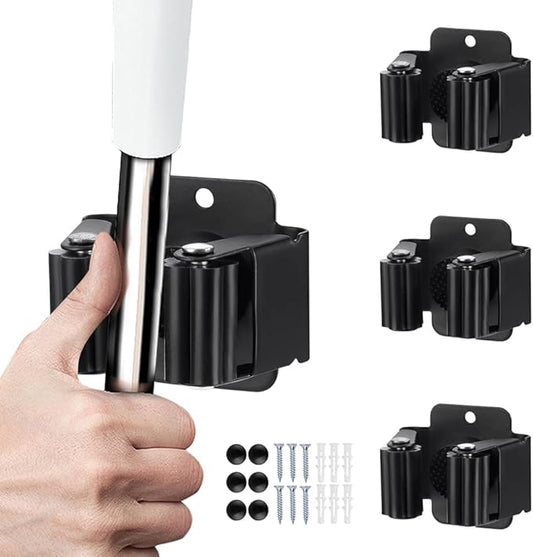 3PCS Broom and Mop Holder, Heavy Duty Garden Tool Organizer Rack Rake and Shovel Handle, Stainless Steel Mop Hanger. Wall Mounted Utility Rack with Screws, Matte Black-NeatNest