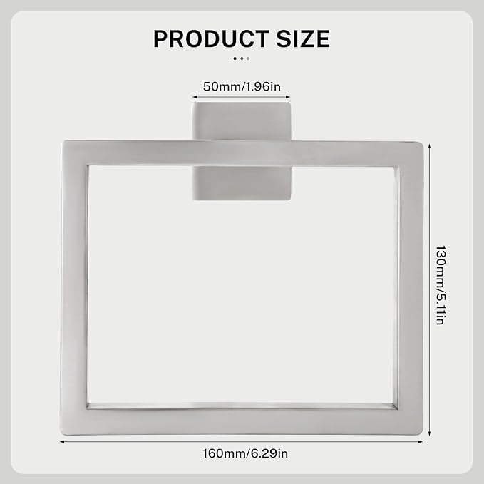 2-Piece Brushed Nickel Square Towel Ring,Modern Hand Towel Holder for Bathroom,SUS304 Stainless Steel Towel Hangers Wall-Mounted