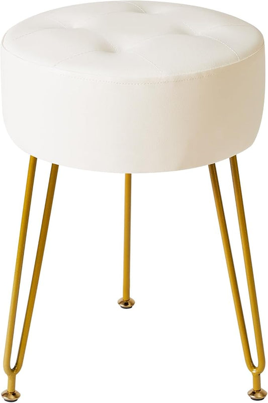 IBUYKE Faux Leather Round Footrest Stool, Makeup Vanity Stool Side Table, PU Dressing Table Seat, Pouf Couch Stool, Golden Steel Legs, White LG-31W
