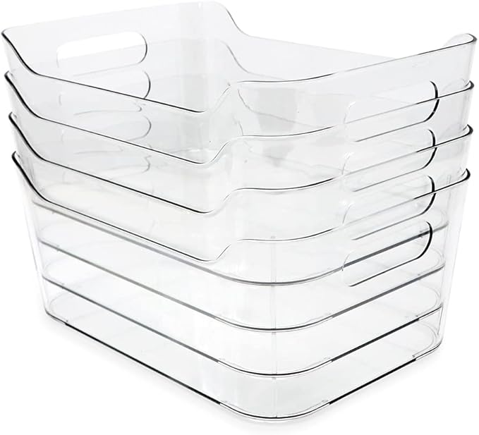 Isaac Jacobs 4-Pack Small Clear Storage Bins (9.4” x 6.7” x 4.1”) w/Handles, Plastic Box Set, Home, Office, Fridge, Freezer, Kitchen, Pantry Organization Container, BPA-Free/Food Safe (Small, 4-Pack)