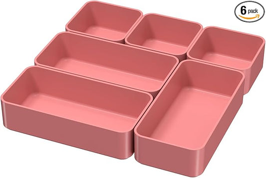 6 Pcs Stackable Drawer Organizer Set Desk Drawer Dividers, Bathroom Vanity Cosmetic Makeup Trays , Multipurpose Plastic Storage Bins for Jewelries, Kitchen Gadgets and Office Accessories, Rose-NeatNest
