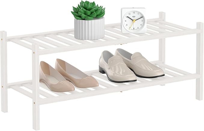 Shoe Rack, 2 Tier Bamboo Shoe Rack for Closet, Stackable Wooden Shoe Organizer, Free Standing Wood Shoe Shelf for Entryway Small Space, 27" x 11" x 13", White