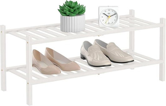 Shoe Rack, 2 Tier Bamboo Shoe Rack for Closet, Stackable Wooden Shoe Organizer, Free Standing Wood Shoe Shelf for Entryway Small Space, 27" x 11" x 13", White