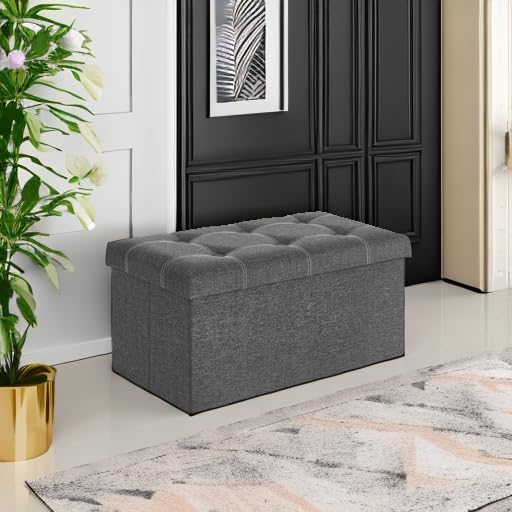 SONGMICS Mazie Collection - 30 Inches Ottoman Storage Bench, 21 Gal. Folding Chest with Breathable Linen-Look Fabric, Load up to 660 lb, for Entryway, Living Room, Bedroom, Dark Gray ULSF001G01-NeatNest