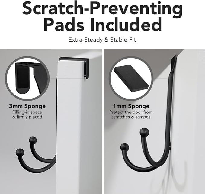 2-Pack Over The Door Hooks - with 2 Hang Heads & Snug Fit Pads Heavy Duty Hook for Hanging Coats, Towels, Caps & Robes - Elegant Matt Finish - No Drill Hanger Organizer - Black