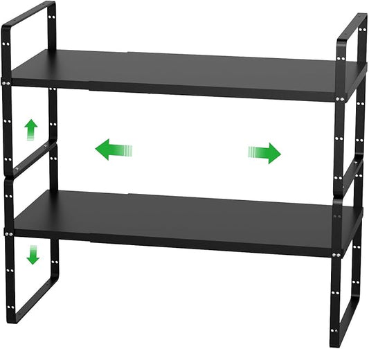 Cabinet Organizer Shelf Expandable,Pantry Organizer Stackable Shelves,Kitchen Counter Under Sink Storage Shelf for Kitchen,Countertop,Cupboard,Inside Cabinet,10.24" D,Black,2 Packs