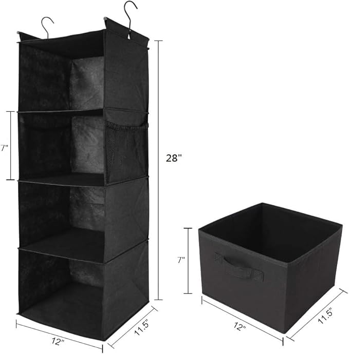 MAX Houser 4-Shelf Hanging Closet Organizer, Space Saver, Cloth Hanging Shelves with 2 Side Pockets, Foldable (Black)-NeatNest