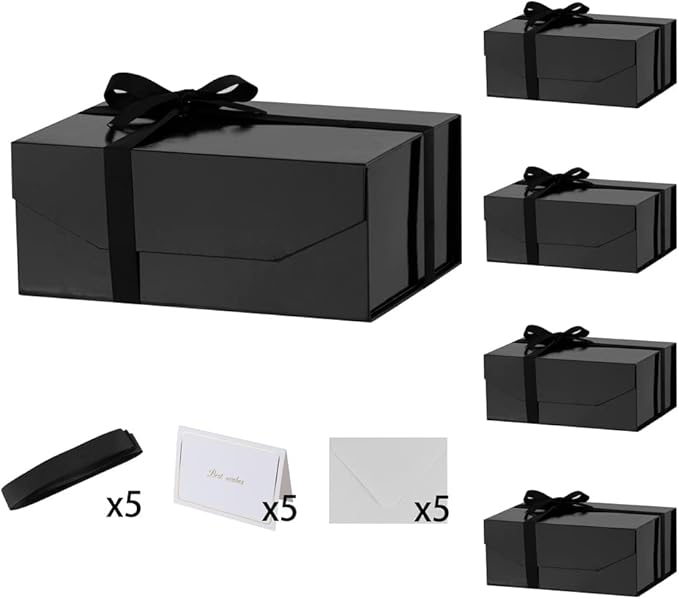 5PCS Black Gift Box with Ribbon 9.5x7x4 Inches，Sturdy Gift Box with Lid for Gift Packaging, Foldable Magnetic Closure Storage Boxes, Bridesmaid proposal box, Rectangle Collapsible Box-NeatNest