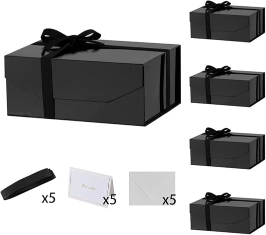 5PCS Black Gift Box with Ribbon 9.5x7x4 Inches，Sturdy Gift Box with Lid for Gift Packaging, Foldable Magnetic Closure Storage Boxes, Bridesmaid proposal box, Rectangle Collapsible Box-NeatNest