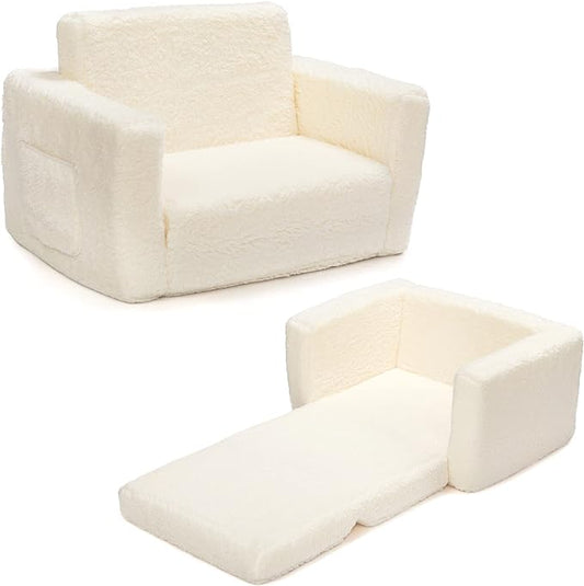 ALIMORDEN 2-in-1 Flip Out Cuddly Sherpa Kids Couch, Convertible Sofa to Lounger, Cream-NeatNest