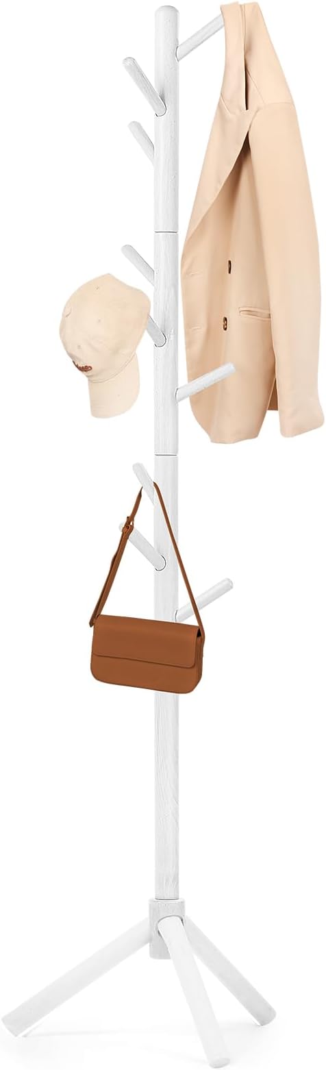 Beech Wood Coat Rack Stand with 9 Hooks, 3 Height Adjustable, simple Freestanding Solid Wooden Coat Tree Hanger for Clothes, Hats, Scarves, bags, Jackets, Bedroom, livingromm, Office(White)-NeatNest