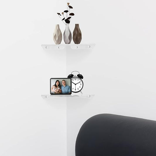 Cosmos 2 Pcs Acrylic Wall Mount Floating Corner Shelves Quarter Round Shower Shelf Hanging Corner Shelves Wall Storage Display Organizer for Bathroom Kitchen Bedroom Living Room (Transparent Clear)-NeatNest