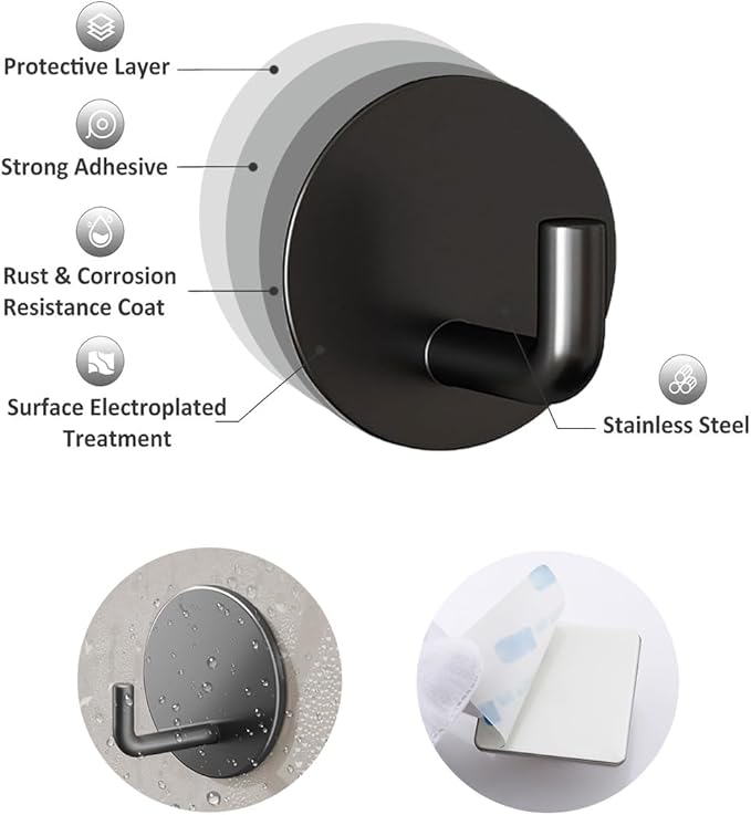 8 Pack Adhesive Towel Hooks for Bathroom, Stick on Hooks Bathroom Kitchen for Walls No Damage, Sticky Hook for Hanging Coat Robe, Black