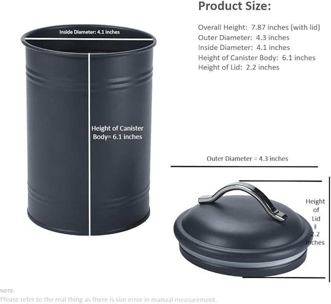 Airtight Kitchen Canister with Lid, Rustic Farmhouse Decor Container for Dry Food Sugar Coffee Tea, Charcoal Gray Metal Countertop Storage Jar (7.87''H x 4.3''Dia.)