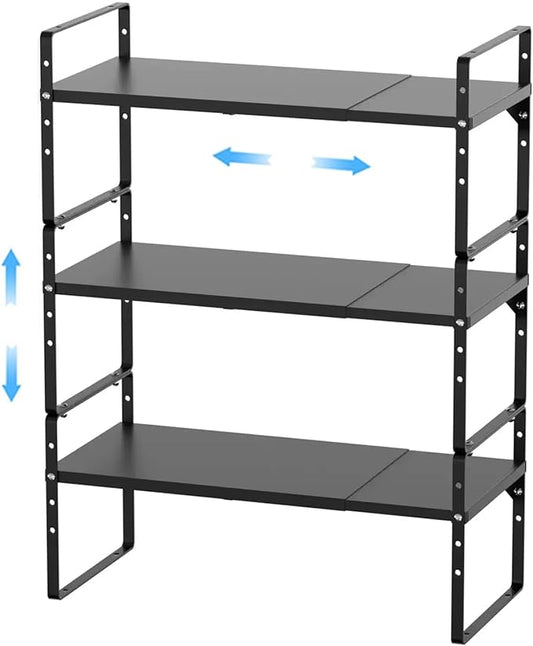 Expandable Kitchen Cabinet Shelf Organizers 3 Pack, Stackable Metal Pantry Storage Shelves Rack, Adjustable Counter Shelf for Cabinets, Countertop, Cupboard Organizers and Storage, Black-NeatNest