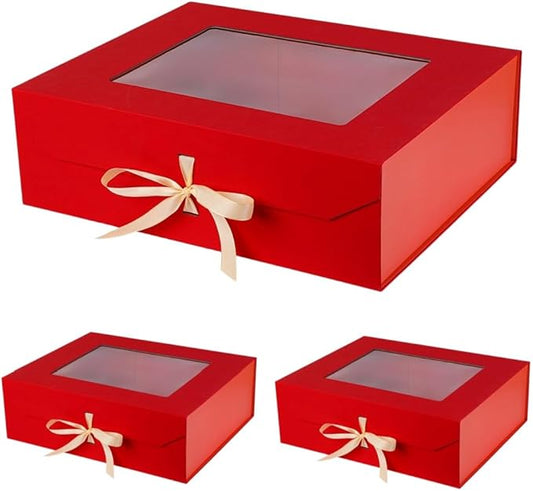 3 Pcs Extra Large Red Gift Box for Presents with Ribbon 19x16x6 Inches Clear Gift Box with Window Magnetic Closure Gift Boxes with Lids-NeatNest