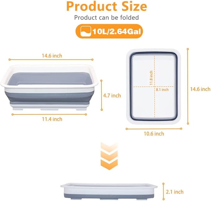 Collapsible Dish Pans – 10L (2.6 Gal) Foldable Sink Tub, 14.5'' x 10.5'' x 5", Compact and Space-Saving Multiuse Foldable Basin for Dish Washing, Camping, RV and Vegetable Cleaning-NeatNest