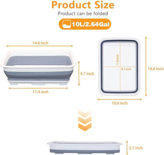 Collapsible Dish Pans – 10L (2.6 Gal) Foldable Sink Tub, 14.5'' x 10.5'' x 5", Compact and Space-Saving Multiuse Foldable Basin for Dish Washing, Camping, RV and Vegetable Cleaning-NeatNest