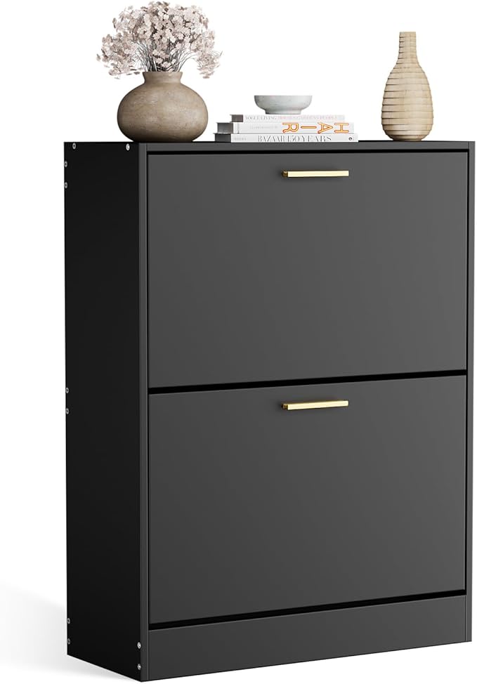 JOZZBY Shoe Cabinet for Entryway, Narrow Shoe Storage Cabinet with 2 Flip Drawers, Wooden Hidden Shoe Rack Organizer with 2 Tier Freestanding for Hallway, Living Room, Set of 2, Black-NeatNest