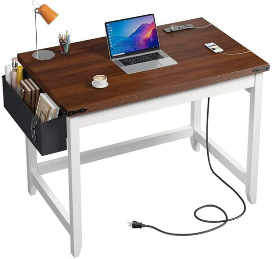 EnHomee 32 Inch Small Desk with Detachable Storage Bag, Modern Simple Computer Desk with Power Outlet, Study Writing Table for Small Spaces, Study Desks for Bedroom, Brown & White-NeatNest