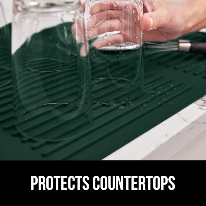 GORILLA GRIP 100% BPA-Free Silicone Dish Drying Mat for Kitchen Counter, 18x24, Quick Dry, Water Catching Ribbed Design, Easy Clean Waterproof Sink Liner, Heat Resistant, Fits Under Rack, Hunter Green