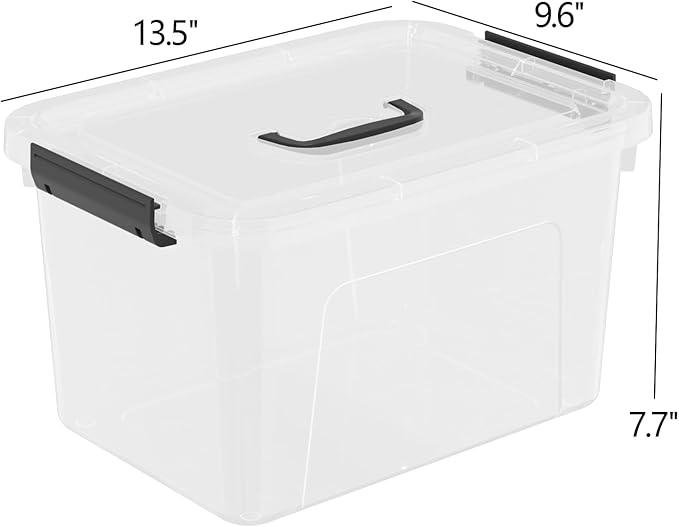 4 Pack 10.5 Quart Plactic Storage Latch Bin, Lidded Box with Black Handle, Clear