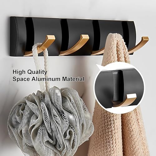 Coat Rack Wall Mounted with 4 Hooks, 12.5 Inch Black Gold Modern Heavy Duty Wall Coat Hooks, Folding Space Saving Towel Hanger for Hanging Coats, Hats, Scarves, Umbrella and Keys-NeatNest