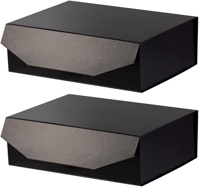 2 Black Large Gift Box with Lid 13x9x4 Inches, Bridesmaid Proposal Box, Hard Collapsible Gift Box with Magnetic Closure, Groomsman Box Reusable Gift Box for Clothes (Glossy Black)-NeatNest