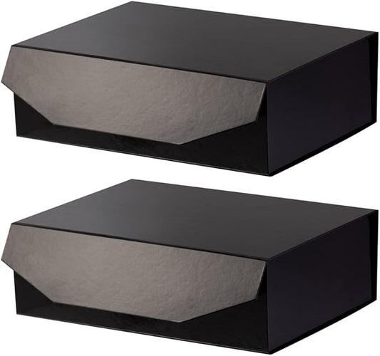 2 Black Large Gift Box with Lid 13x9x4 Inches, Bridesmaid Proposal Box, Hard Collapsible Gift Box with Magnetic Closure, Groomsman Box Reusable Gift Box for Clothes (Glossy Black)-NeatNest