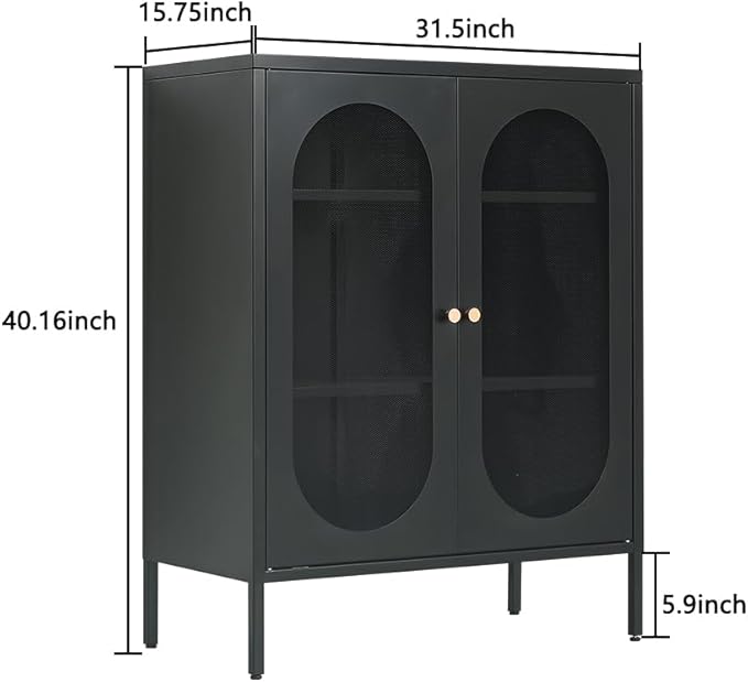 2 Doors Locker Metal Storage Cabinet, Storage Cabinet with Legs, Buffet Cabinet with Adjustable Shelves for Home, Office, Entryway and Hallway (Mesh Door Cabinet, Black)