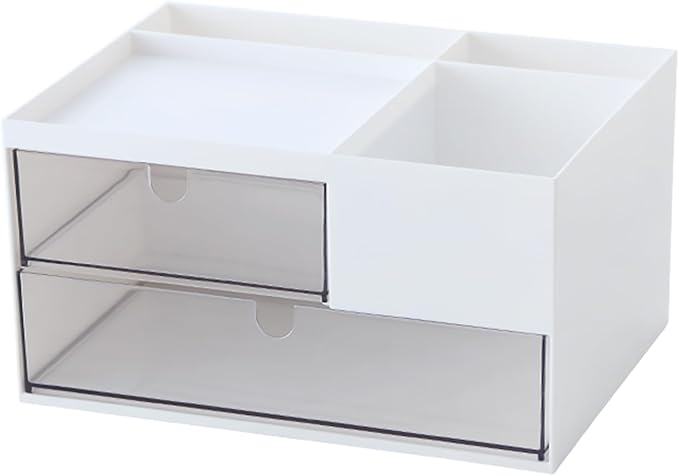 Makeup Organizer with 2 Drawers, Desk Organizer, 4 Compartments, Cosmetics Storage Box for nail polish,Lipstick, Brushes, Jewelry, Skincare, Bathroom Organization Boxes - White-NeatNest