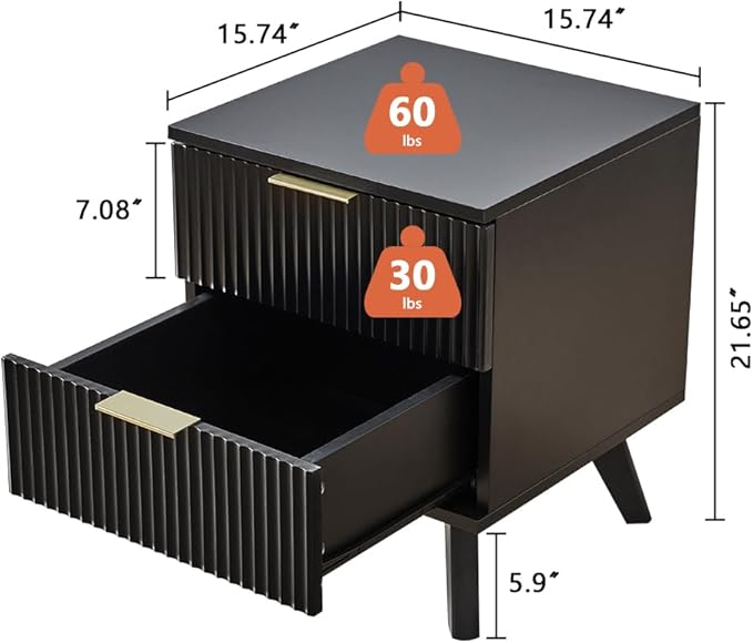 Black Nightstand, Mid Century Modern Nightstand with 2 Drawers, Bedroom Nightstand, Bed Side Table Small Nightstand for Dorm, Wood End Table Bedside Tables, Modern End Side Table (Black)