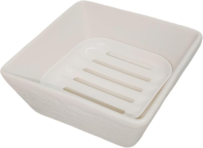 Ceramic Soap Dish, Vonpri Soap Holder Tray, Non-Slip Square Soapbox Container for Handmade Bar Bathroom Sink, Countertop, Shower Stone Texture (White)-NeatNest