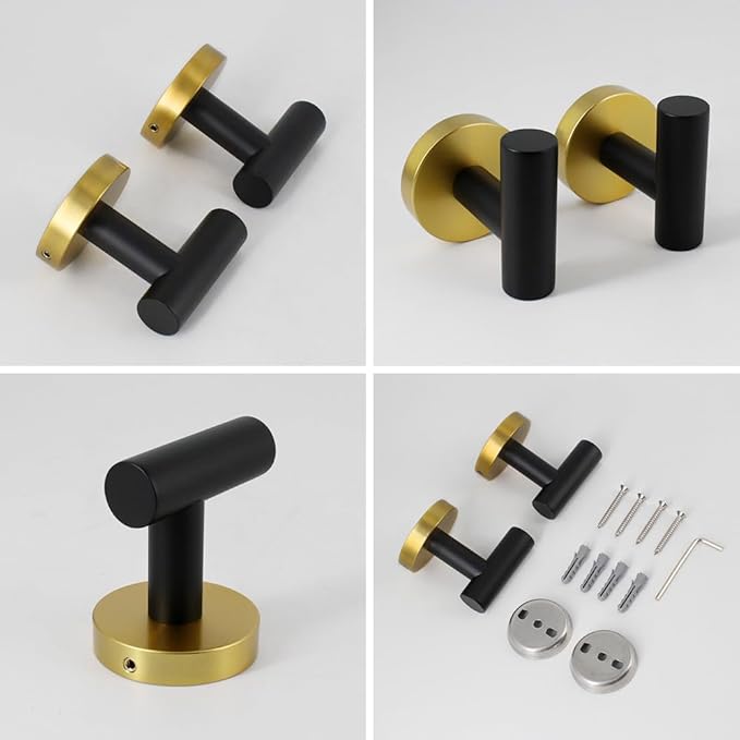 Stainless Steel Towel Coat Hooks Bathroom Clothes Garage Hotel Robe Hook Wall Mounted Bath Door Hanger 2 Pack Black & Gold