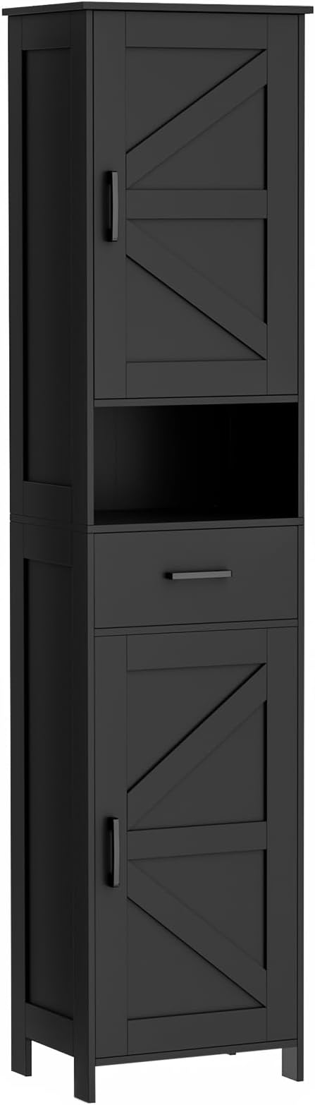 Homhedy 67" H Tall Bathroom Storage Cabinet with 2 Barn Doors and 1 Drawer, Storage Cabinet, Adjustable Shelves, Floor Cabinet for Bathroom, Living Room, Entryway, Kitchen, Black, (15.7" W)
