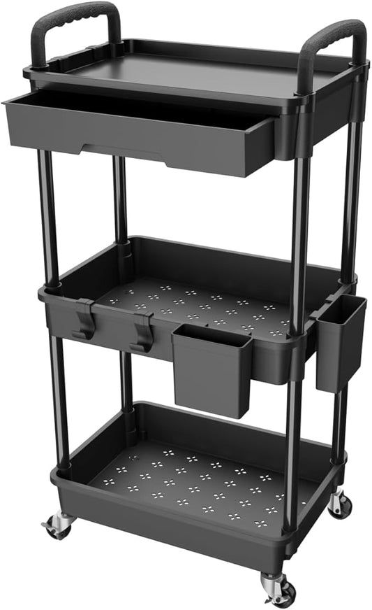 3 Tier Rolling Utility Cart with Drawer,REBECAT Utility Cart Made of Multifunctional Storage Organizer Tool for Kitchen,Bathroom,Living Room,Office(Black)-NeatNest
