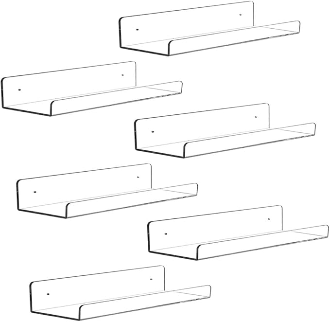 CY craft 15 inch Acrylic Invisible Floating Bookshelf for Kids Room, Modern Picture Ledge Display Toy Storage Wall Shelf 5MM Thick U Shelves Storage Rack,Set of 6-NeatNest