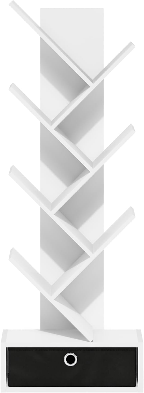 Furinno Tree Bookshelf 7-Tier Floor Standing Tree Bookcase with Bin Drawer, White/Black