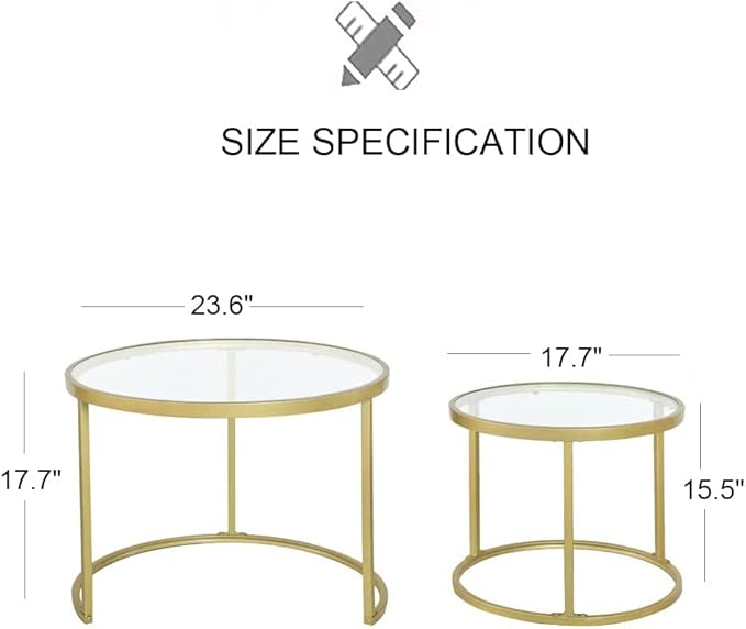 Gold Nesting Coffee Table Set of 2, Small Glass Nesting Tables for Living Room Bedroom, Accent Tea Table with Metal Frame