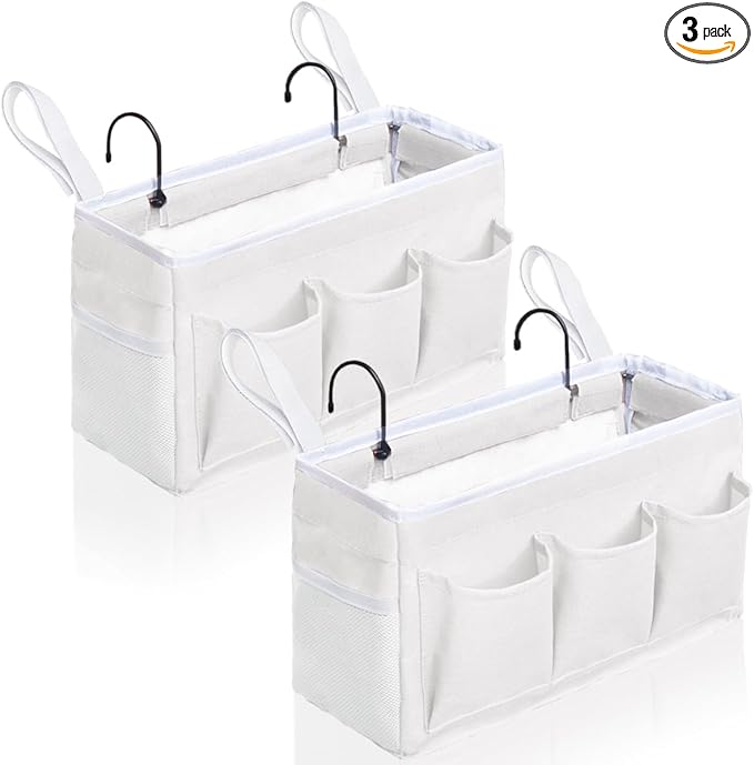 2Pcs Beside Caddy Storage Organizer, Hanging Bag Holder with Pockets for Bedroom, Loft Bed Tent, Bed Curtain, Top Bunk bed Shelf Accessories Bedside Caddy 3-pocket (White-2pcs)-NeatNest