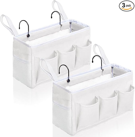 2Pcs Beside Caddy Storage Organizer, Hanging Bag Holder with Pockets for Bedroom, Loft Bed Tent, Bed Curtain, Top Bunk bed Shelf Accessories Bedside Caddy 3-pocket (White-2pcs)-NeatNest