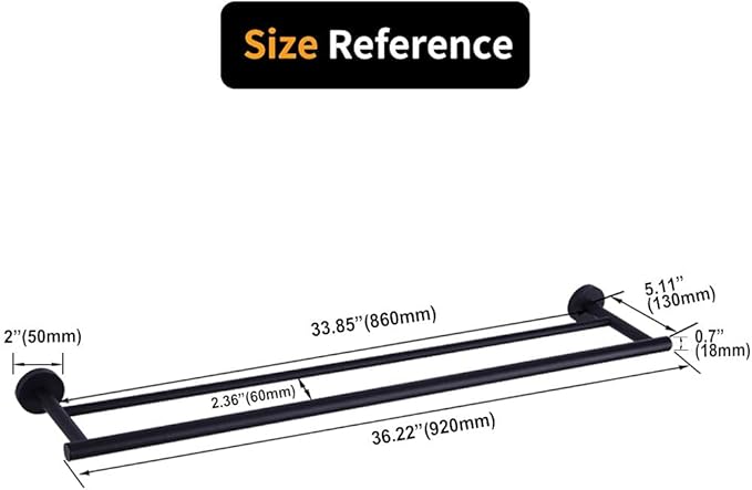36-Inch Matte Black Double Bath Towel Bar SUS 304 Stainless Steel Towel Rack Holder for Bathroom Wall Mount