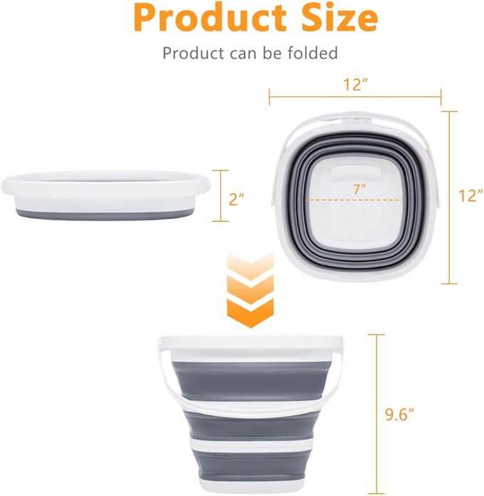 2 Pack Collapsible Bucket, 2.6 Gallon (10L) - Square Foldable Mop Bucket for House Cleaning, Car Washing, Camping - Portable Water Pail for Outdoor, RV, Travel (Grey)-NeatNest