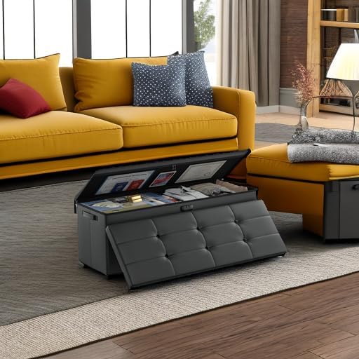 DocSafe Storage Ottoman Bench,Fireproof＆Waterproof Folding Bench with Lock(15”x 43”x15”),Leather Storage Chest with Handles＆2 Extra Boxes,Ottoman Safe for Bedroom,Living Room,Home Office,Black-NeatNest