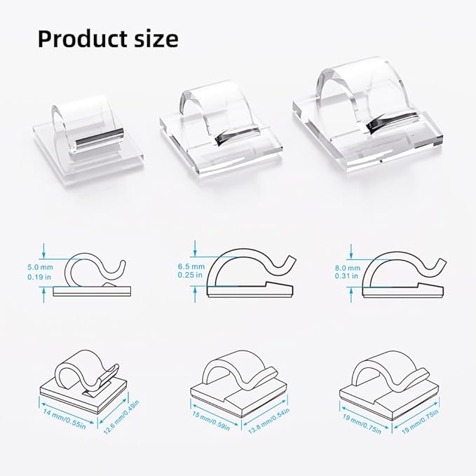100 PCS Cable Clips Cord Organizer (Small, Medium,Large),Wire Holder for Cable Management, Outdoor Light Clips Light Hooks for LED String,Car Dash Cam, Extension Cord (Clear)-NeatNest