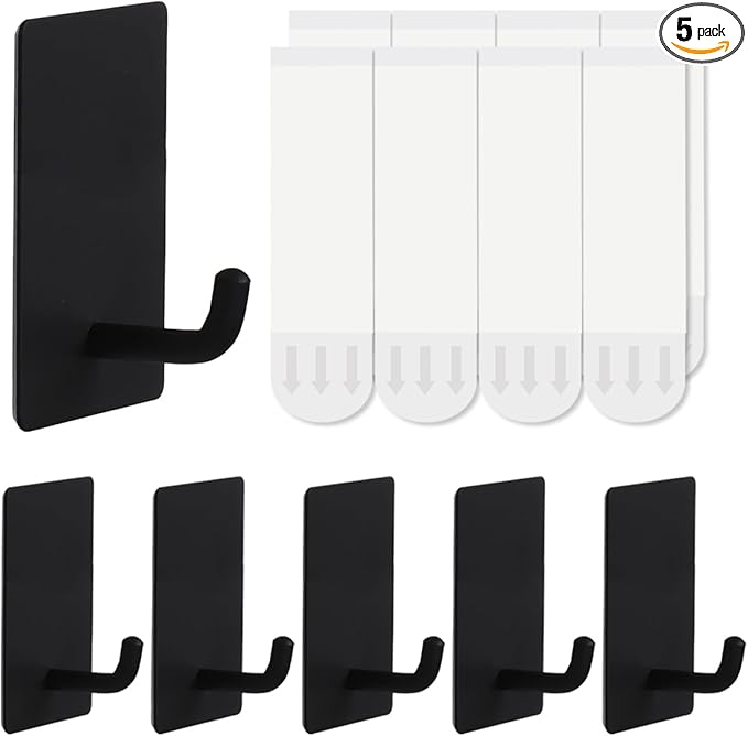 5 Pcs Towel Hooks with Removable Strips for Hanging，Adhesive Wall Hooks Heavy Duty，Outdoor Hooks No Damage，Sticky Hooks for Bathrooms，Shower，Stockings，Decor，Robe，Medium，Black 304 Stainless Steel