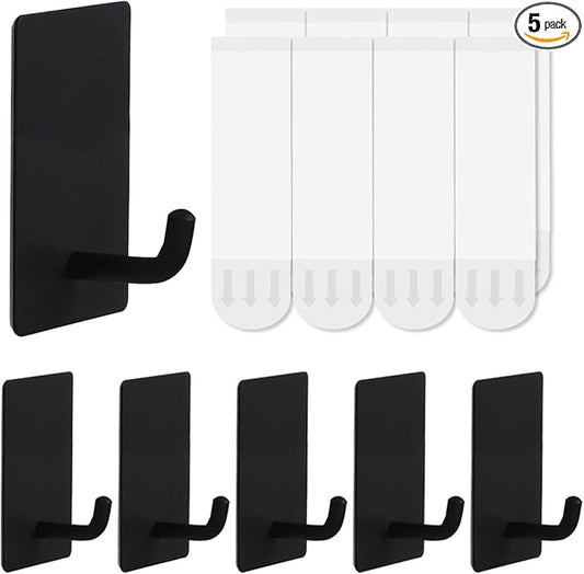 5 Pcs Towel Hooks with Removable Strips for Hanging，Adhesive Wall Hooks Heavy Duty，Outdoor Hooks No Damage，Sticky Hooks for Bathrooms，Shower，Stockings，Decor，Robe，Medium，Black 304 Stainless Steel