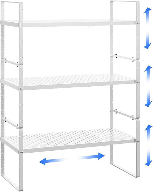 Expandable Cabinet Shelf Organizer Adjustable Metal Spice Rack Stackable Freestanding Counter Storage Shelves for Kitchen Cabinet Under Sink Office Desk (White - 3Pack - L16.5-27'' * W10.2'' * H9.6'')-NeatNest