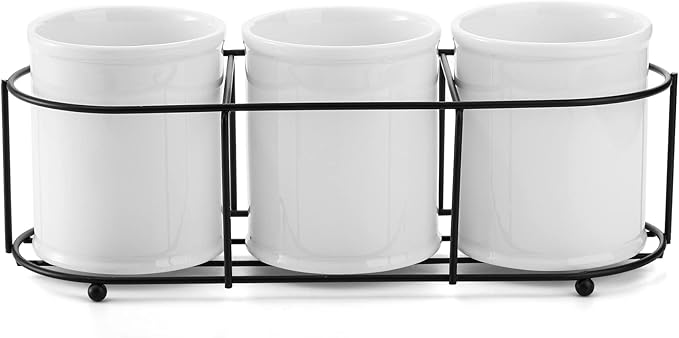 Bekith 3-Piece Ceramic Silverware Caddy with Metal Rack, Utensil Holder Flatware Caddy Cutlery Storage Organizer for Kitchen Table, Cabinet or Pantry-NeatNest