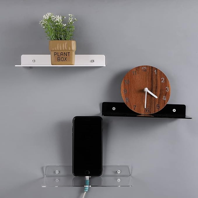 IEEK 4 PCS Clear Small Acrylic Floating Wall Shelves,9 Inch Adhesive Display Shelf for Nintendo Switch/Smart Speaker/Security Cameras/Action Figures,No Damage Expand Wall Space-NeatNest